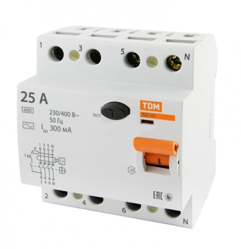 Выключатель дифференциальный (УЗО) ВД1-63 4п 25А 300мА тип AC | код. SQ0203-0031 | TDM